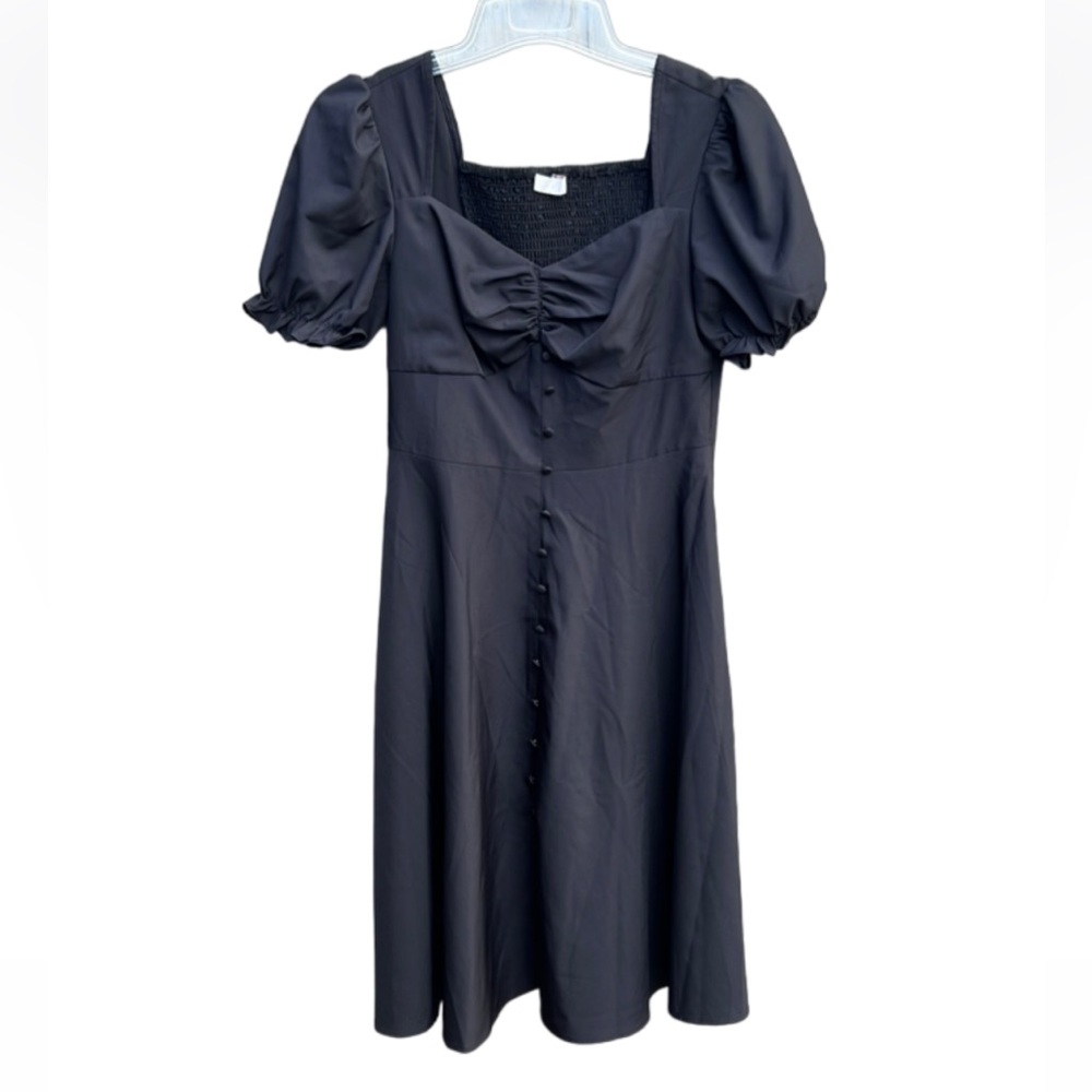 Belle Poque Black Dress Size M Smocked Back Decorative Button Puffed Sleeves